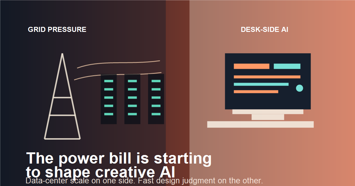 Editorial graphic showing a data center and power lines on one side and a creator workstation on the other.